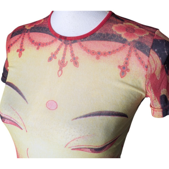 Vivienne Tam Buddha 90s Y2K Mesh Short Sleeve Top Size XS Small Rare Nylon Red - Picture 8 of 11